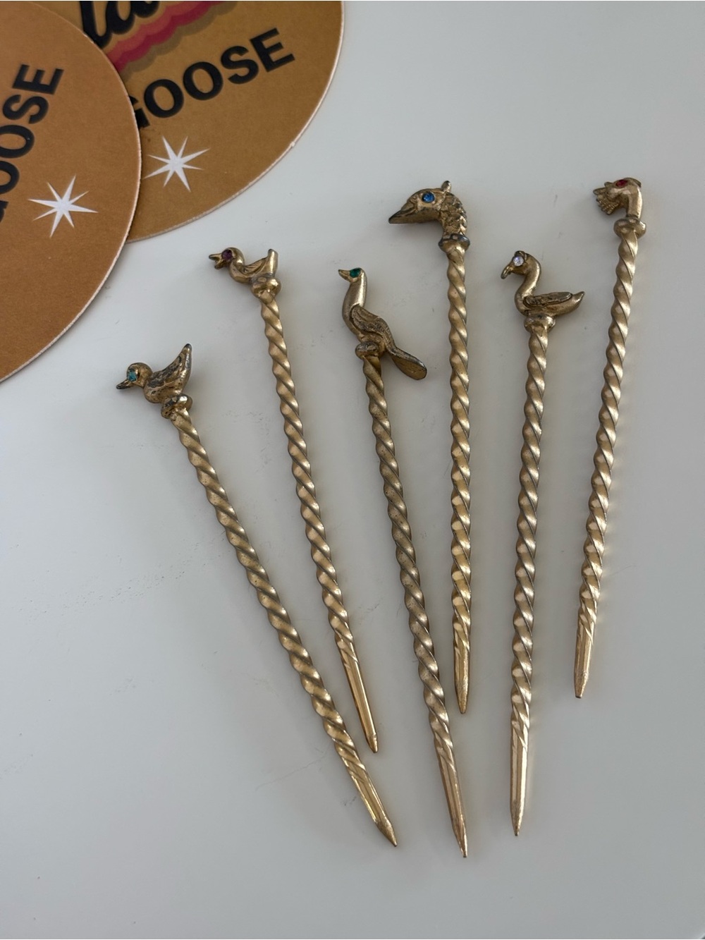 Vintage Mid-century Modern Gold Tone Metal Bird Cocktail Picks Set of 6